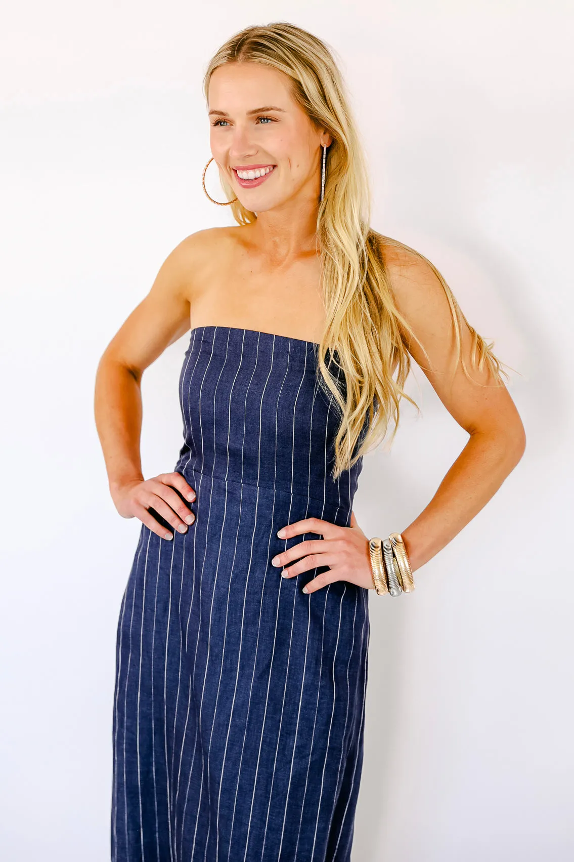 NEW!! Olivia Navy Linen Pinstripe Dress