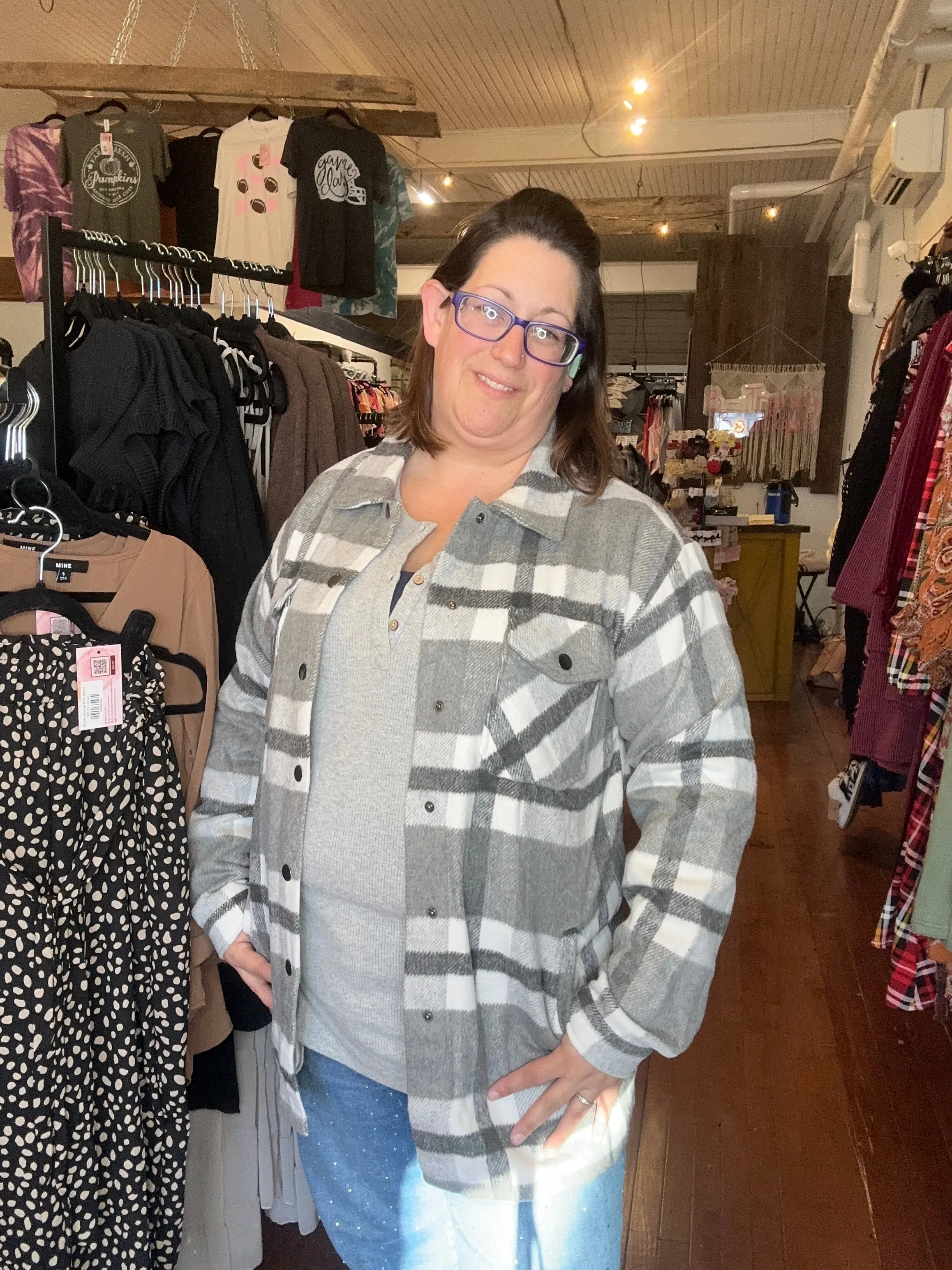 Norah Plaid Shacket - Classic Grey and White