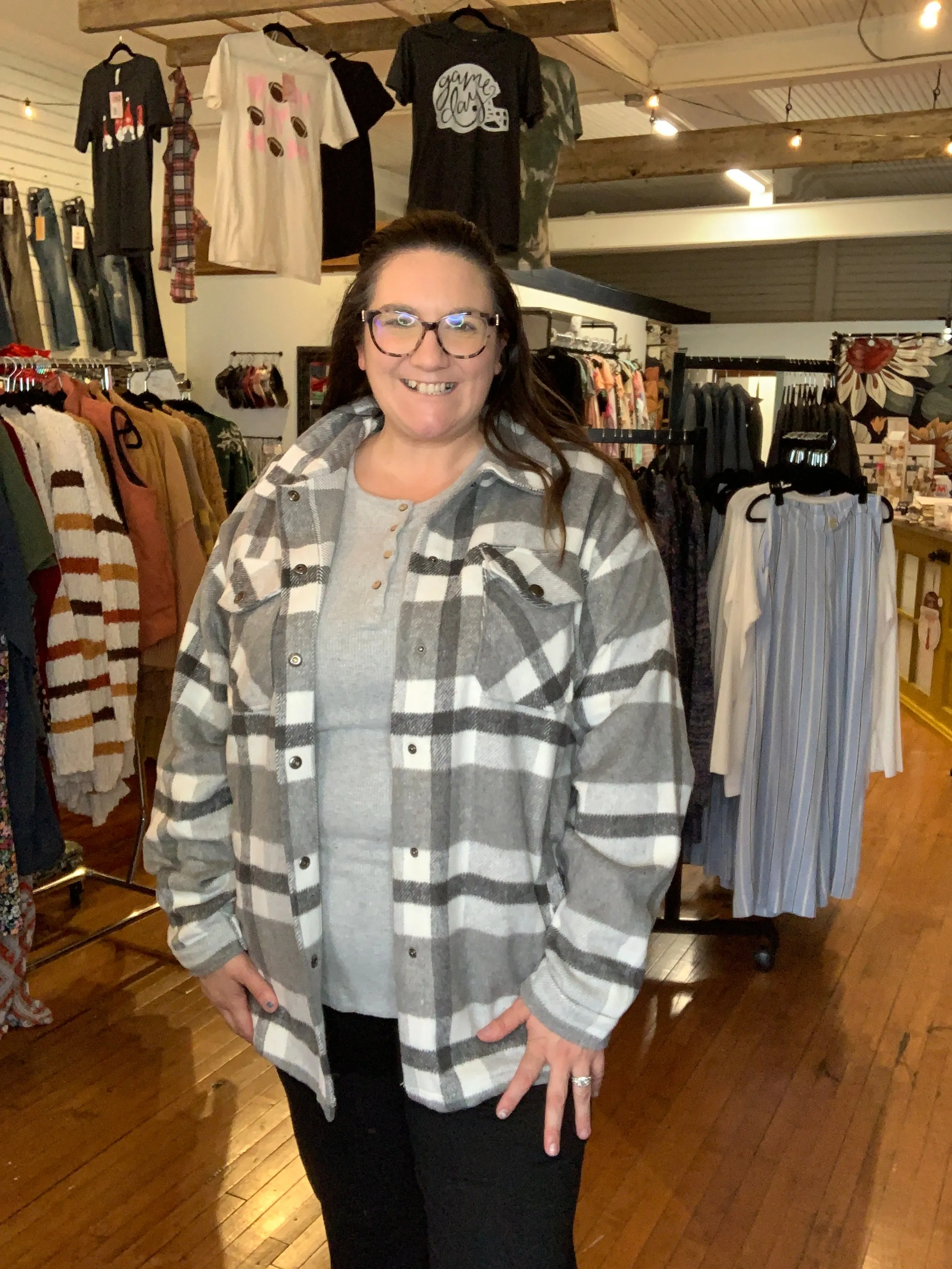 Norah Plaid Shacket - Classic Grey and White