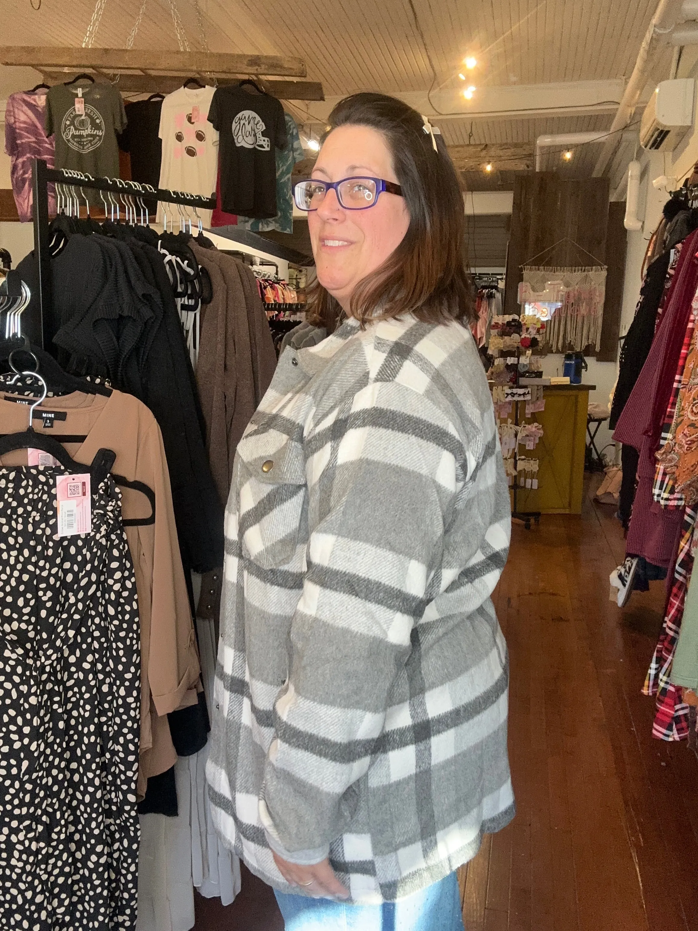 Norah Plaid Shacket - Classic Grey and White