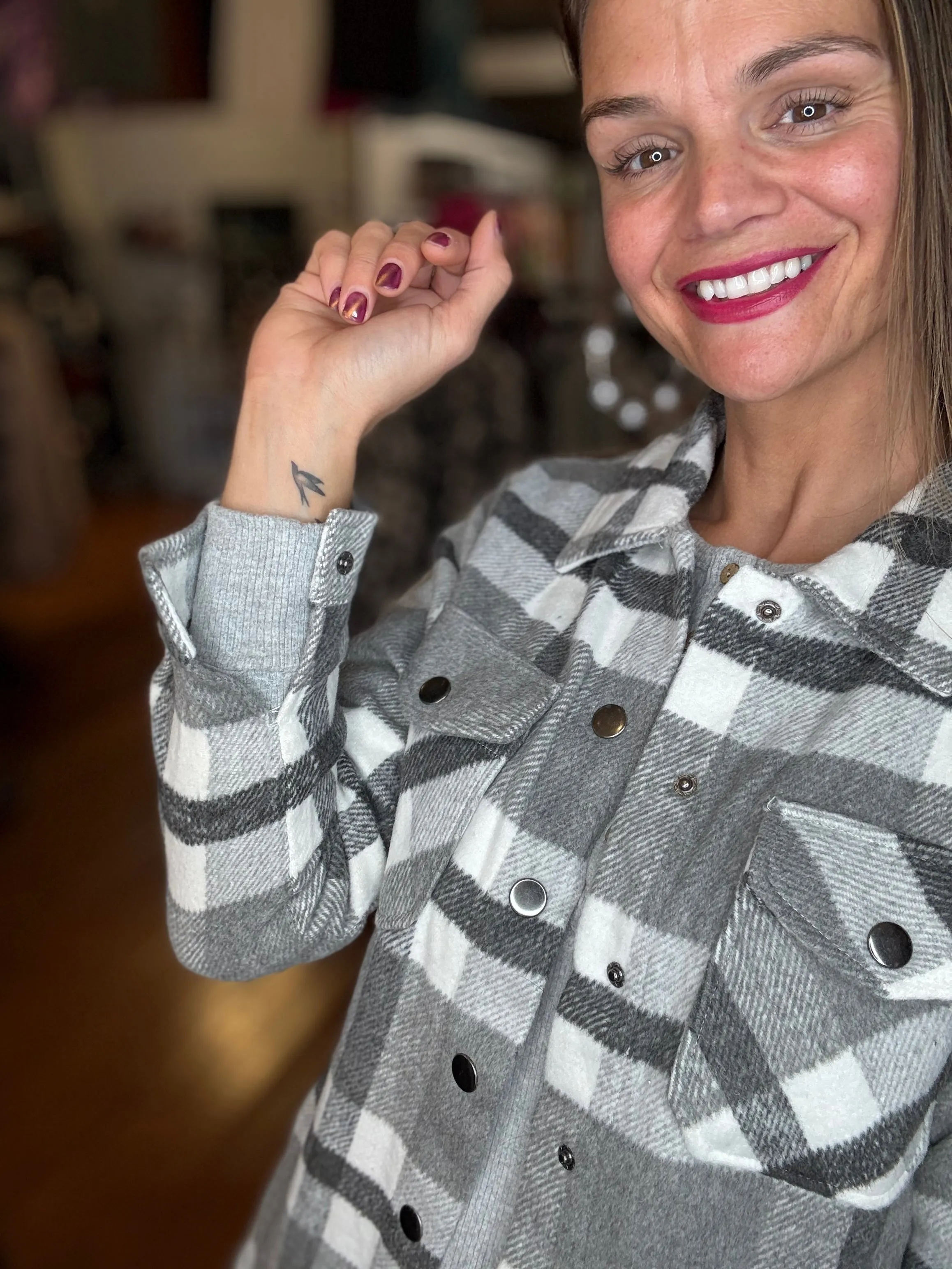 Norah Plaid Shacket - Classic Grey and White