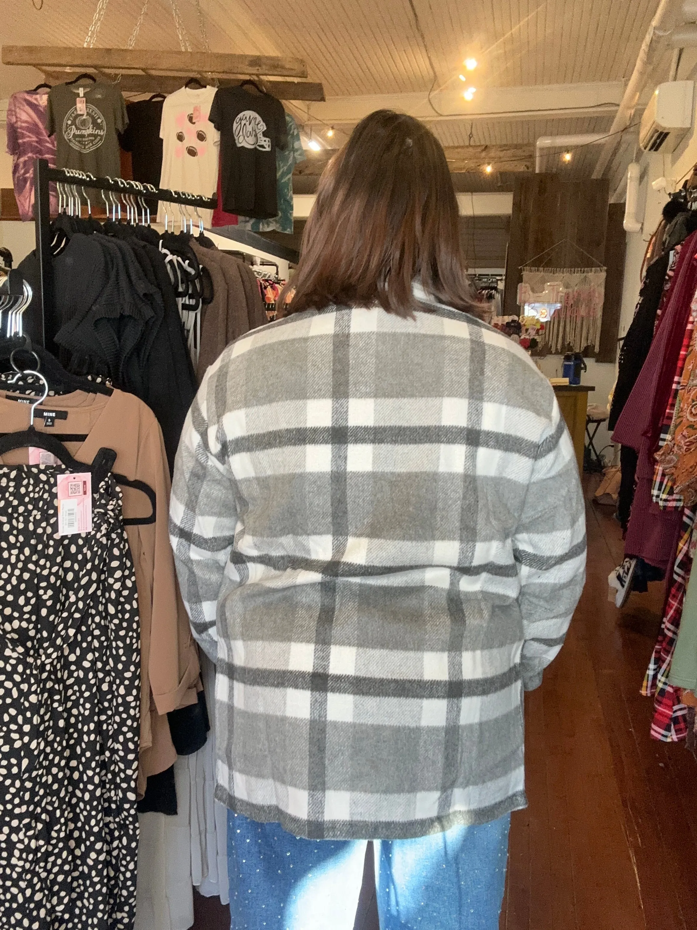 Norah Plaid Shacket - Classic Grey and White