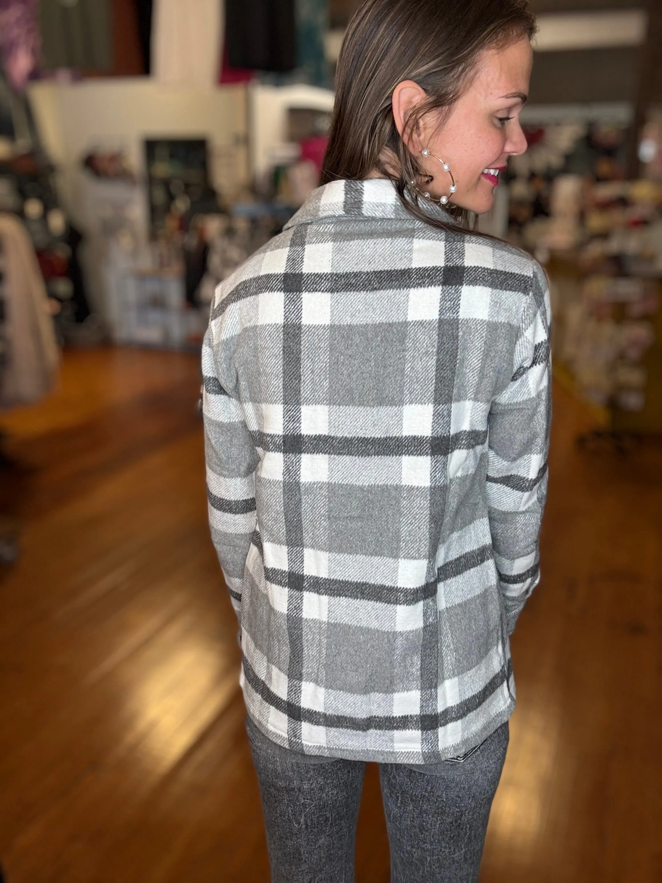 Norah Plaid Shacket - Classic Grey and White