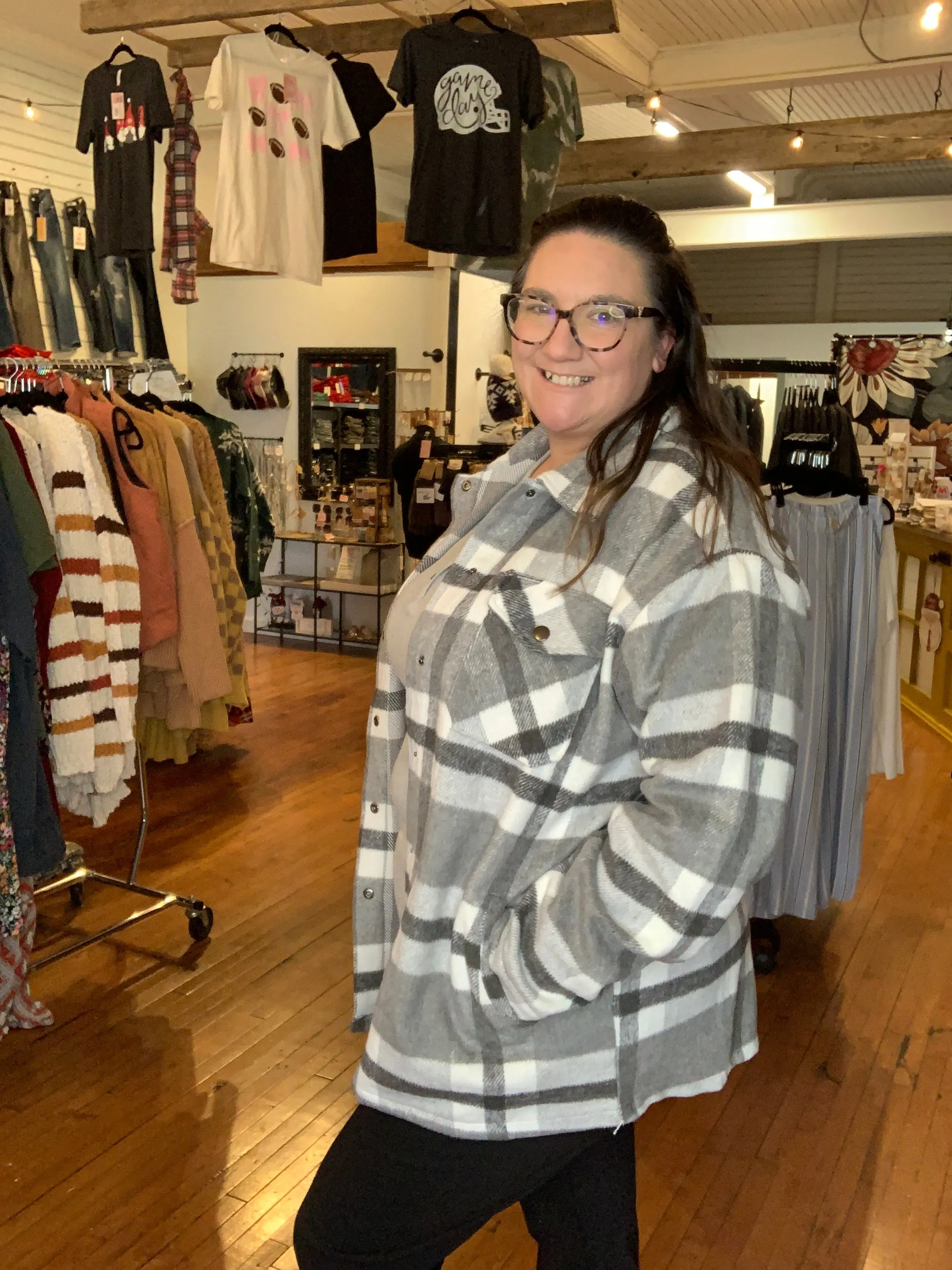 Norah Plaid Shacket - Classic Grey and White