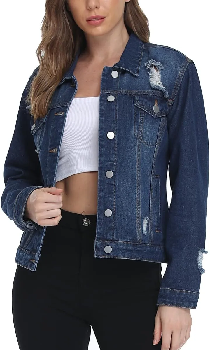 PEIQI Classic Jean Jacket for Women Basic Long Sleeve Button Down Denim Jackets