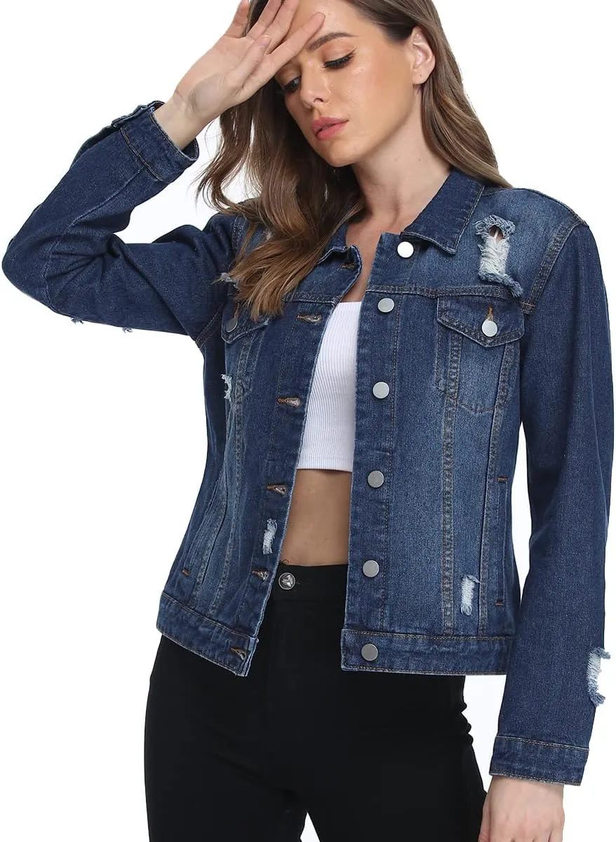 PEIQI Classic Jean Jacket for Women Basic Long Sleeve Button Down Denim Jackets