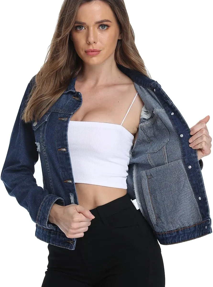 PEIQI Classic Jean Jacket for Women Basic Long Sleeve Button Down Denim Jackets