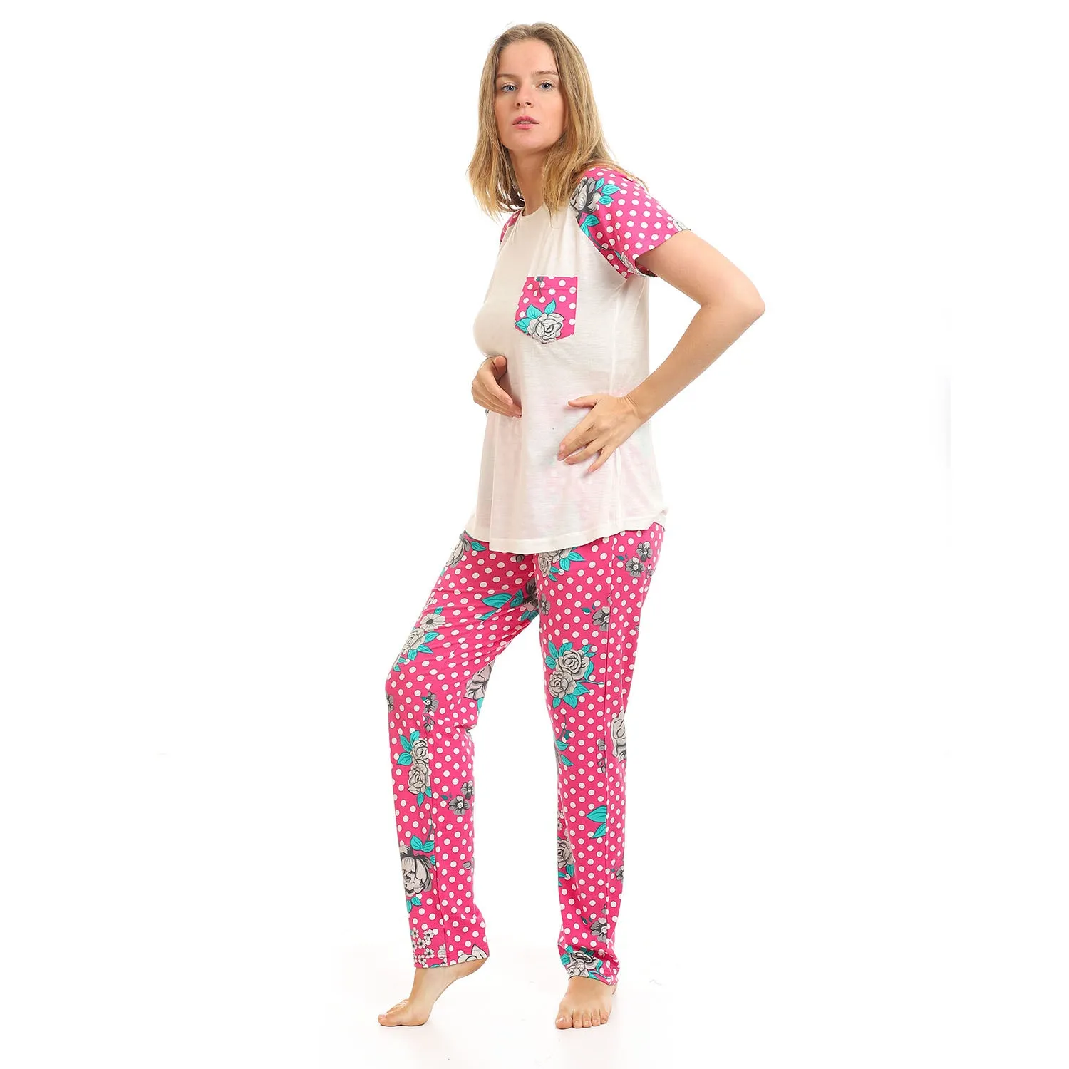 Polka Dots With Floral Summer Pajama Set - Kady