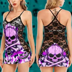 Purple Camo Skull Women's Black Lace Cami Dress Babydolls Nightgowns