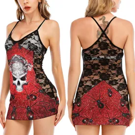 Red Skull Spider Gothic Women's Black Lace Cami Dress Babydolls Nightgowns