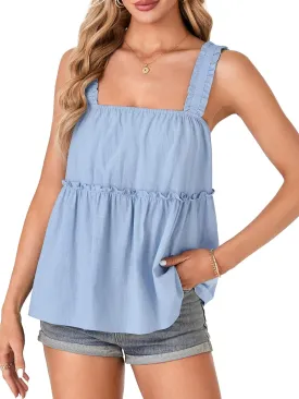 Rooscier Women's Cotton Peplum Blouse Shirred Straps Sleeveless Ruffle Babydoll Tank Top