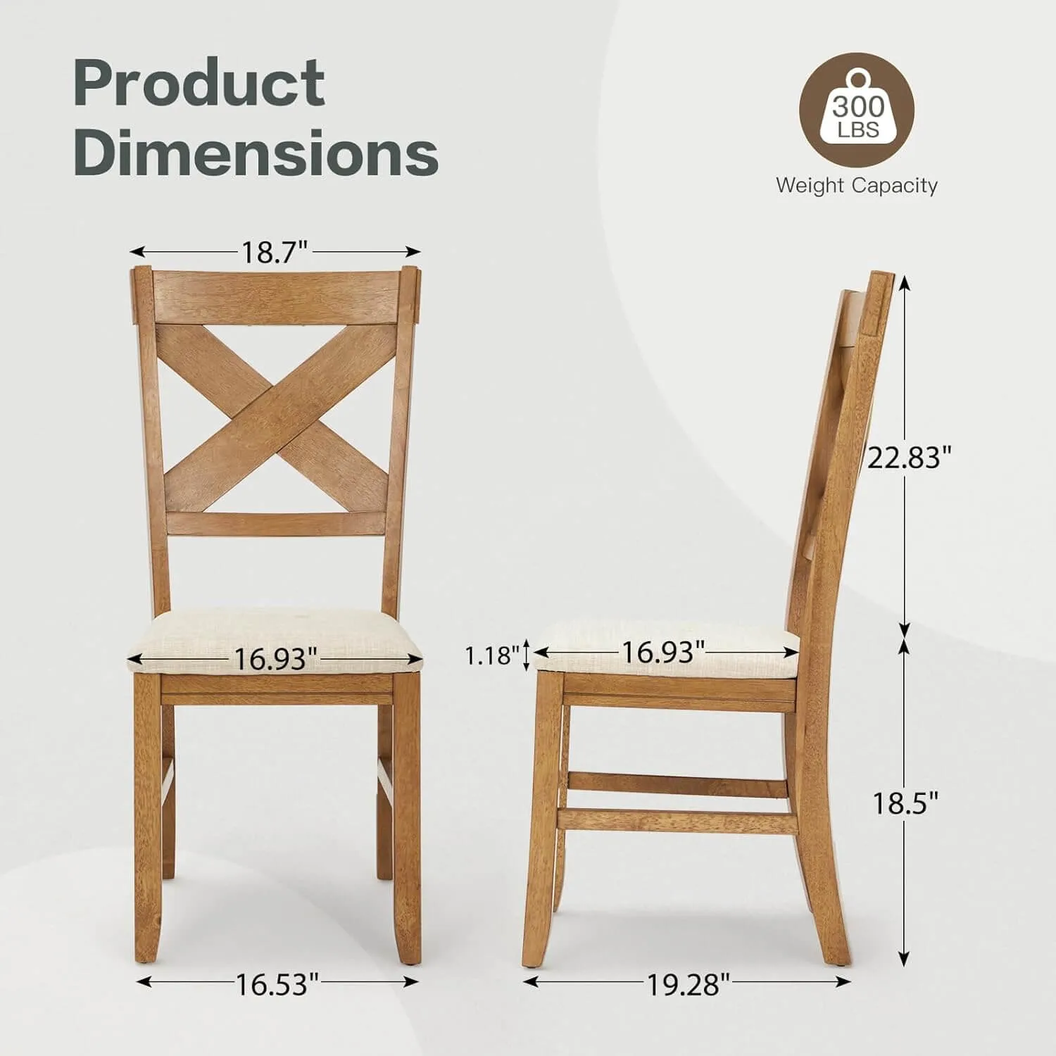 Rustic Farmhouse 19" Upholstered Barstool, Solid Wood Dining Chairs Set of 2 for Kitchen and Dining Room, Natural Oak Wood