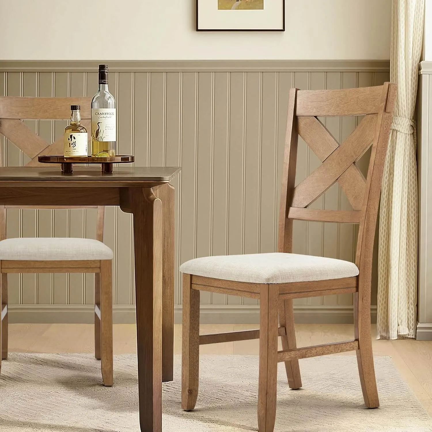 Rustic Farmhouse 19" Upholstered Barstool, Solid Wood Dining Chairs Set of 2 for Kitchen and Dining Room, Natural Oak Wood