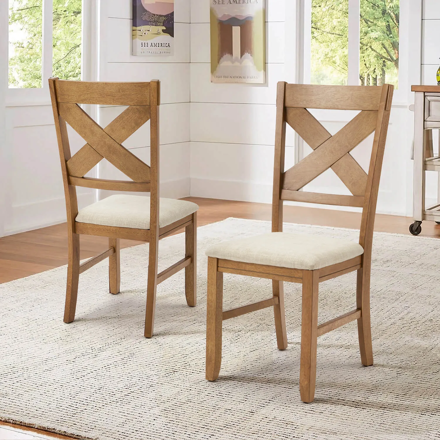 Rustic Farmhouse 19" Upholstered Barstool, Solid Wood Dining Chairs Set of 2 for Kitchen and Dining Room, Natural Oak Wood