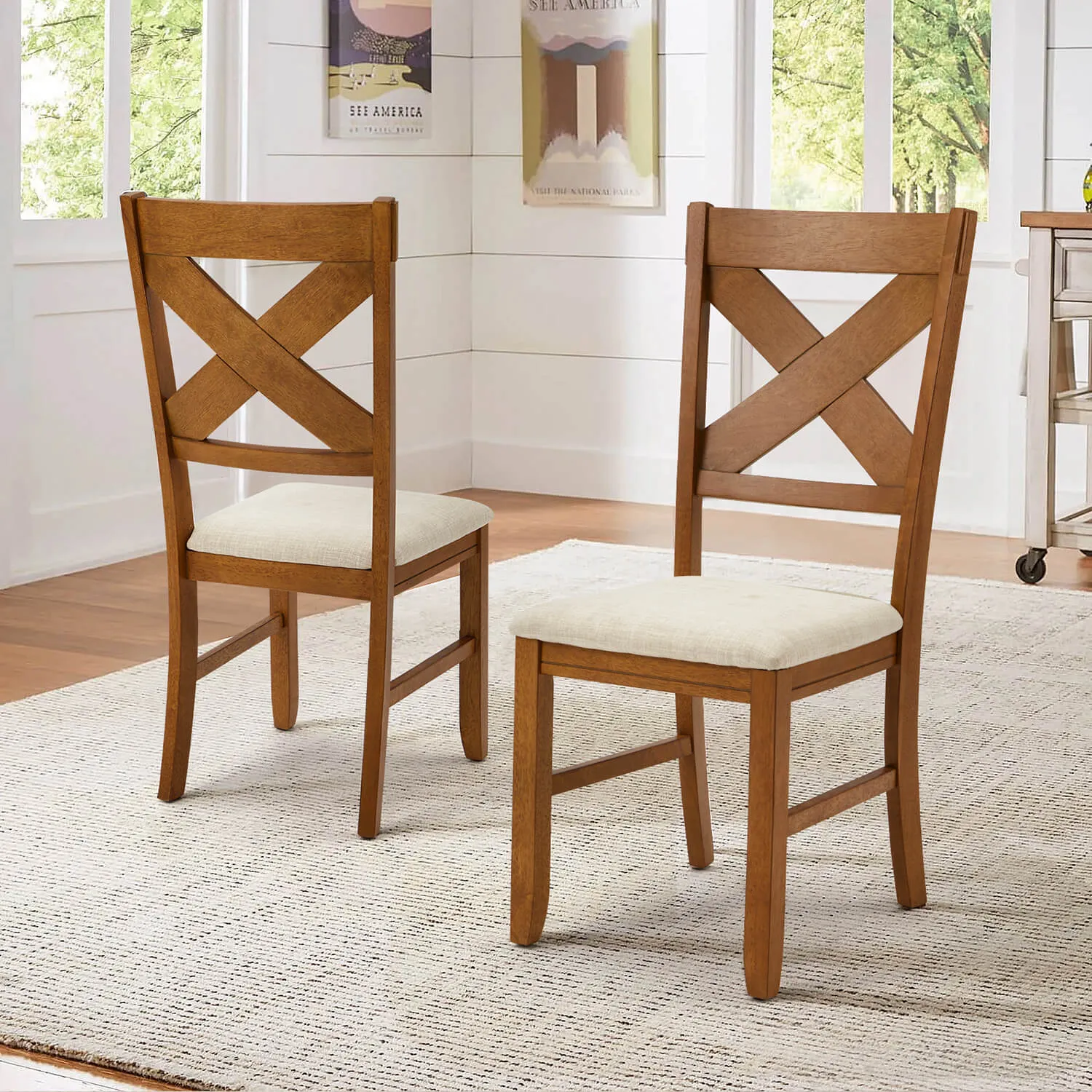 Rustic Farmhouse 19" Upholstered Barstool, Solid Wood Dining Chairs Set of 2 for Kitchen and Dining Room, Walnut