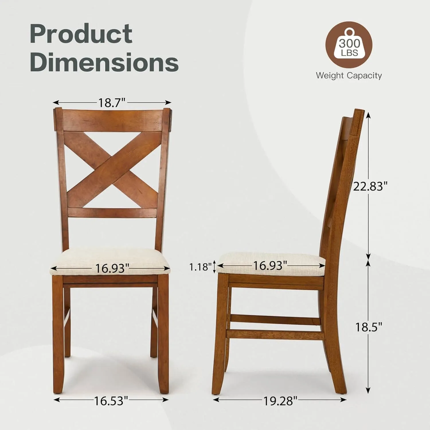 Rustic Farmhouse 19" Upholstered Barstool, Solid Wood Dining Chairs Set of 2 for Kitchen and Dining Room, Walnut