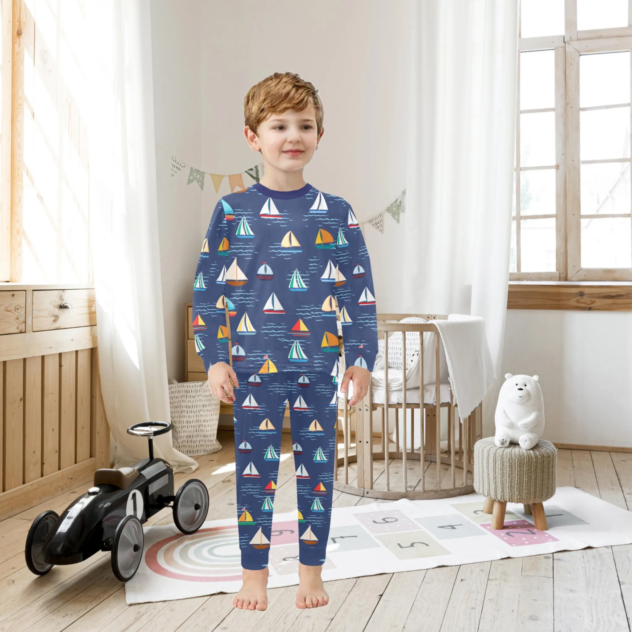 Sail Boat Boys' Pajama Set | Crew Neck Long Pajama Set | Soft Long Sleeve Sleepwear for Lounging and Relaxing