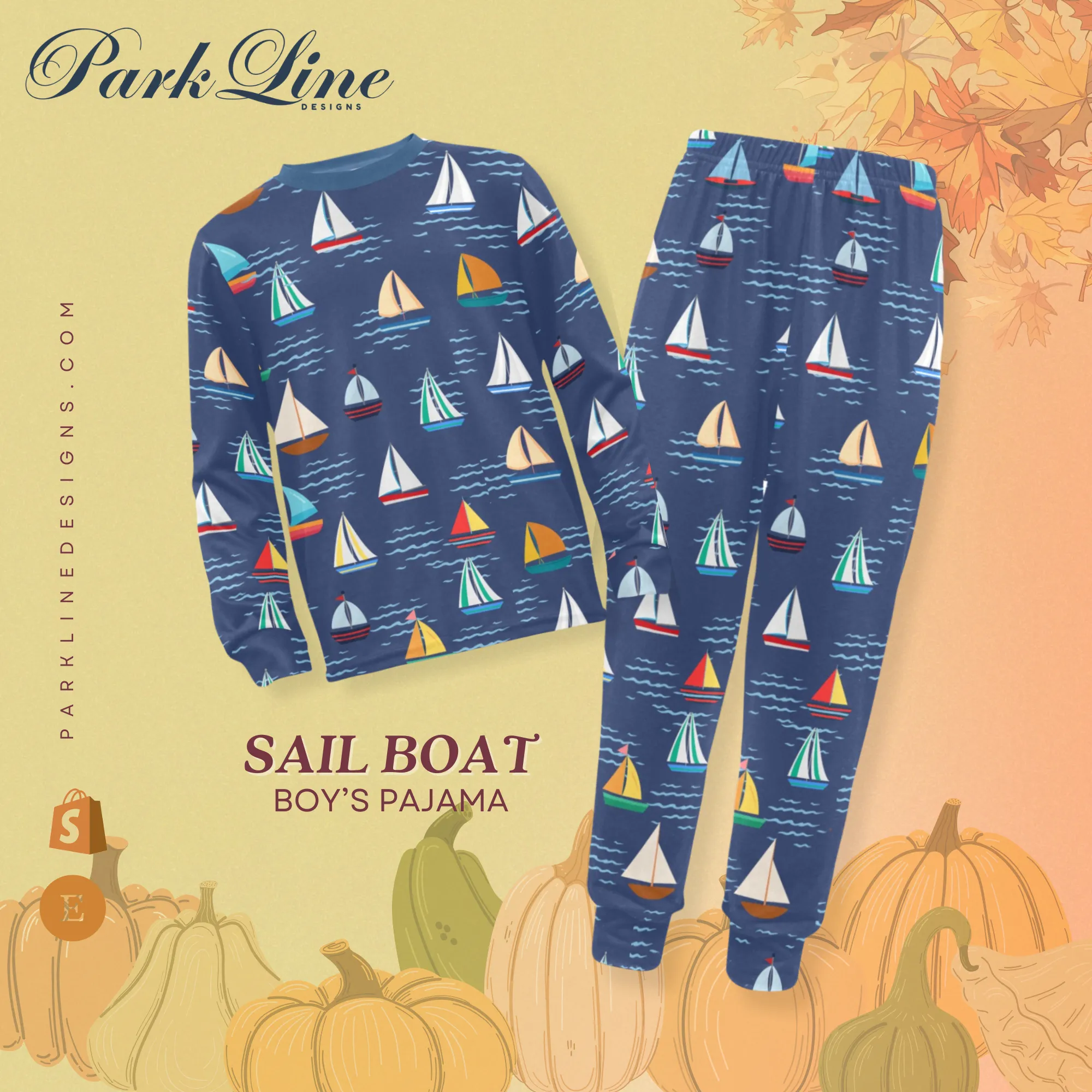 Sail Boat Boys' Pajama Set | Crew Neck Long Pajama Set | Soft Long Sleeve Sleepwear for Lounging and Relaxing