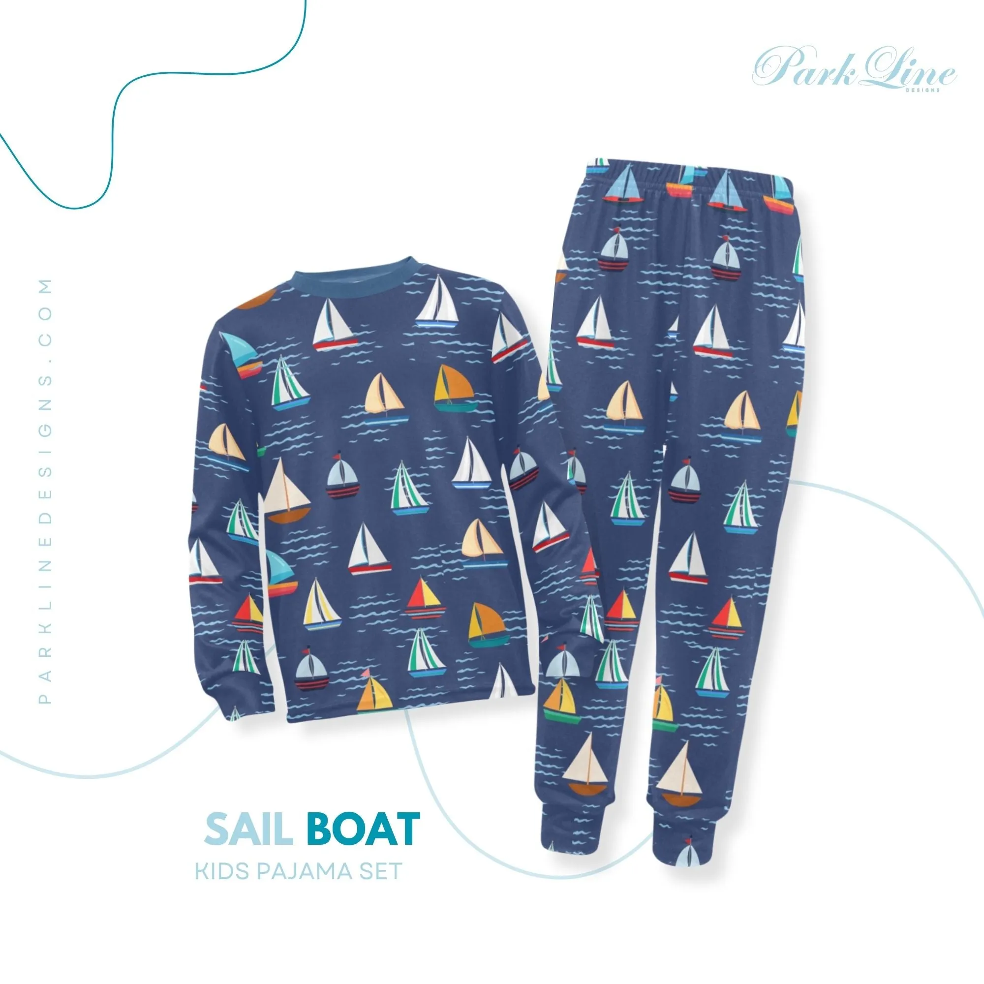 Sail Boat Boys' Pajama Set | Crew Neck Long Pajama Set | Soft Long Sleeve Sleepwear for Lounging and Relaxing