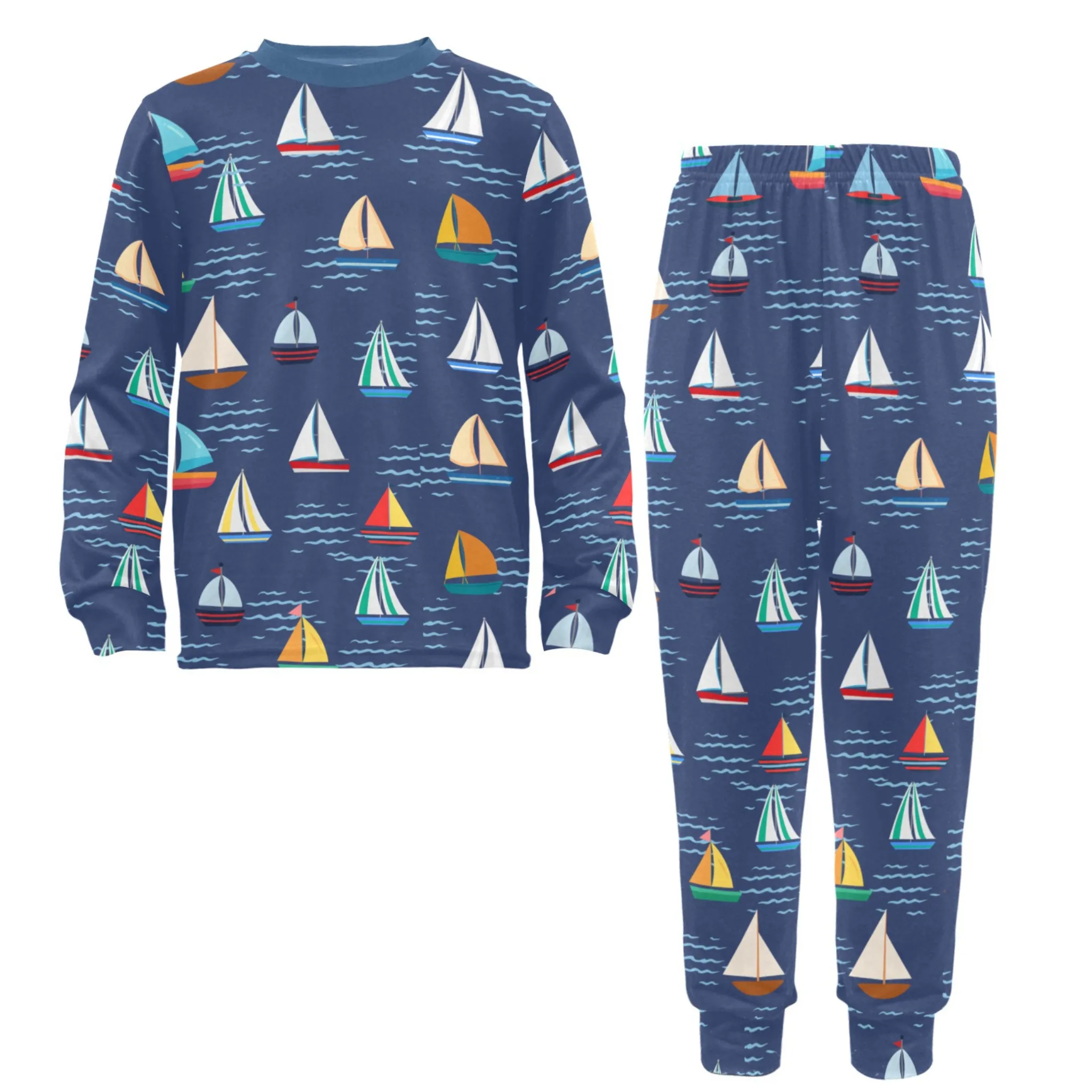 Sail Boat Boys' Pajama Set | Crew Neck Long Pajama Set | Soft Long Sleeve Sleepwear for Lounging and Relaxing