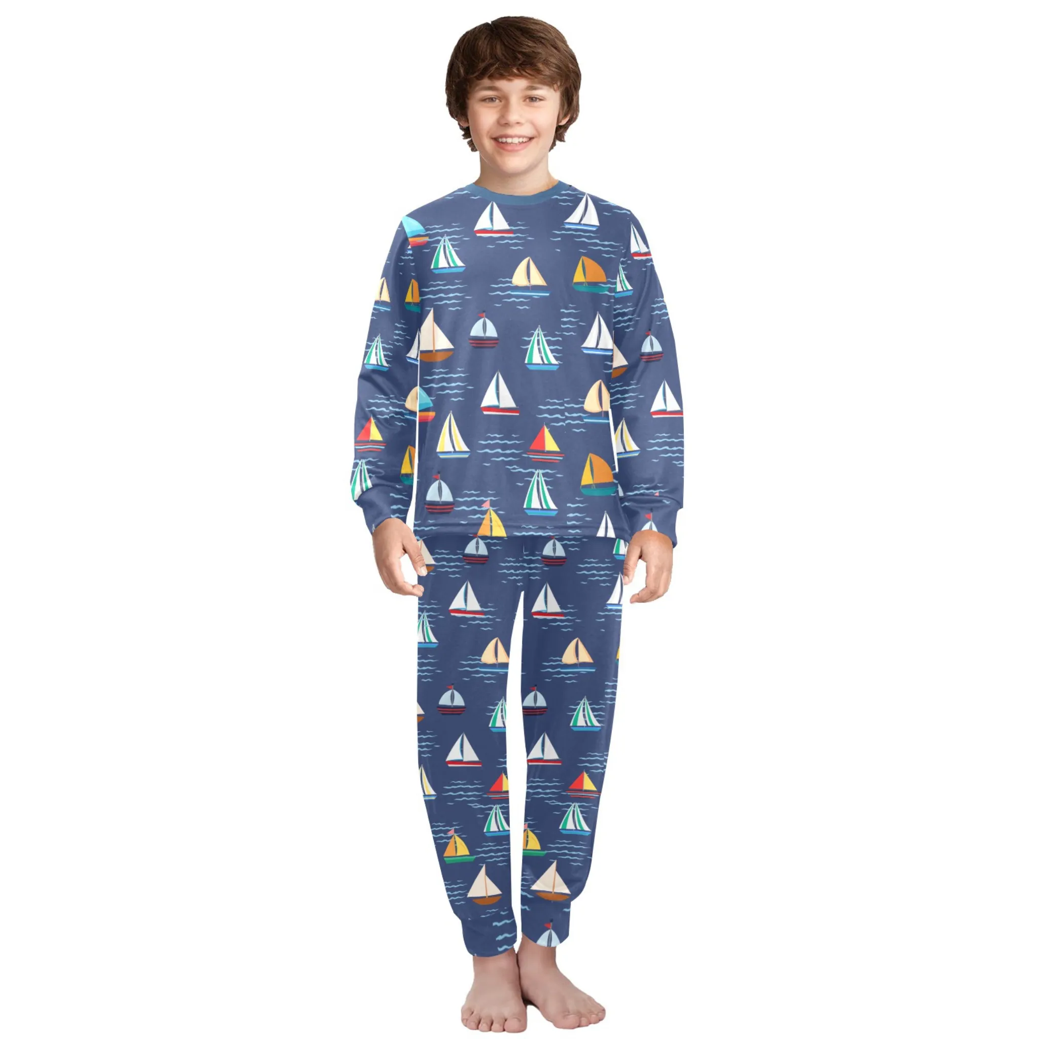 Sail Boat Boys' Pajama Set | Crew Neck Long Pajama Set | Soft Long Sleeve Sleepwear for Lounging and Relaxing