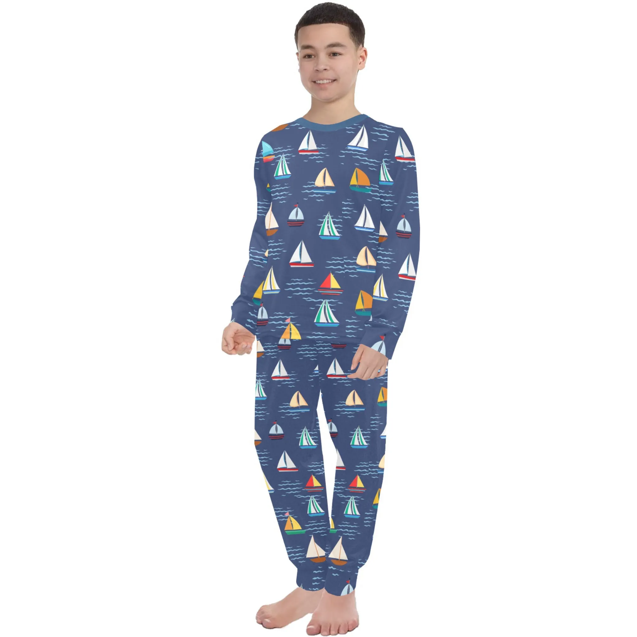Sail Boat Boys' Pajama Set | Crew Neck Long Pajama Set | Soft Long Sleeve Sleepwear for Lounging and Relaxing