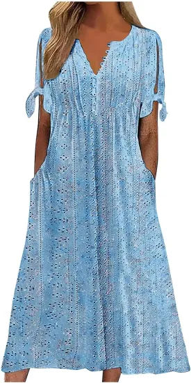 Short Sleeve Summer Dresses for Women 2025 Button V Neck Eyelet Beach Boho Vacation Maxi Sundress with Pockets