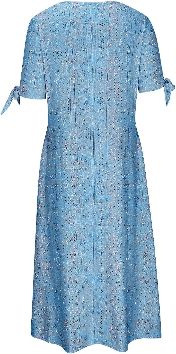 Short Sleeve Summer Dresses for Women 2025 Button V Neck Eyelet Beach Boho Vacation Maxi Sundress with Pockets