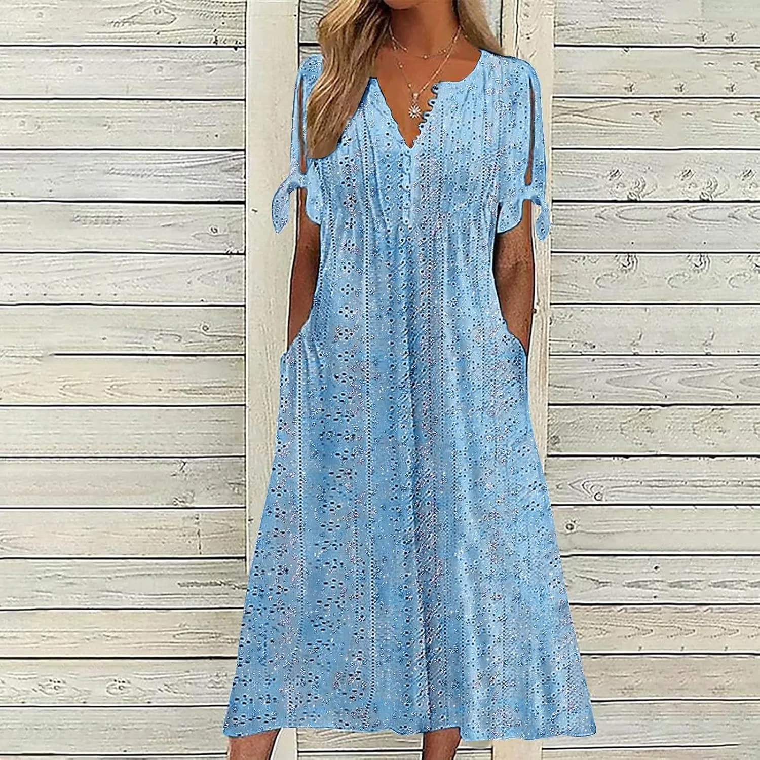 Short Sleeve Summer Dresses for Women 2025 Button V Neck Eyelet Beach Boho Vacation Maxi Sundress with Pockets