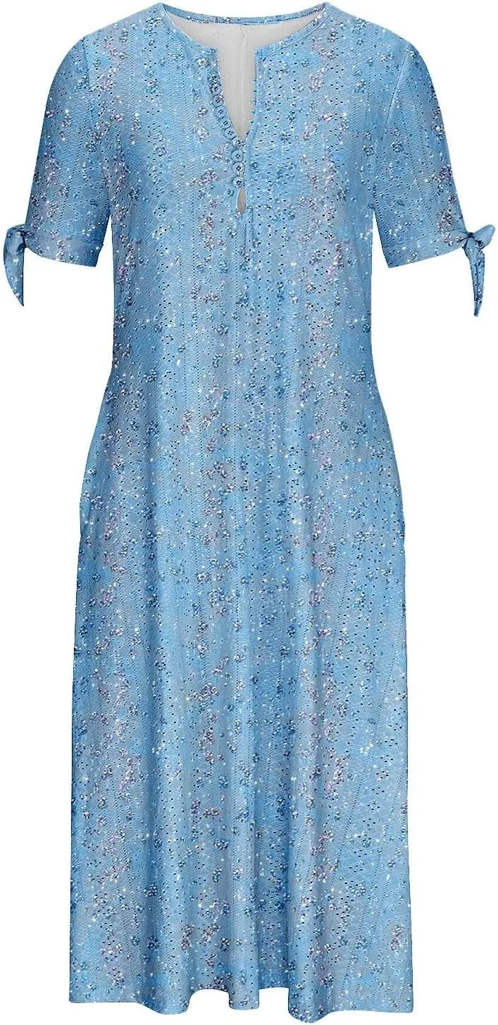Short Sleeve Summer Dresses for Women 2025 Button V Neck Eyelet Beach Boho Vacation Maxi Sundress with Pockets
