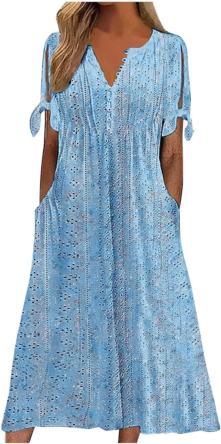 Short Sleeve Summer Dresses for Women 2025 Button V Neck Eyelet Beach Boho Vacation Maxi Sundress with Pockets