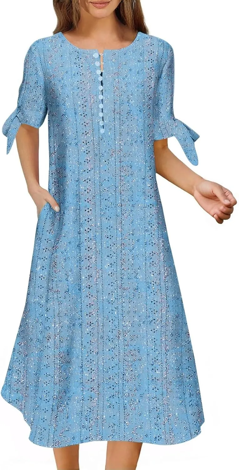 Short Sleeve Summer Dresses for Women 2025 Button V Neck Eyelet Beach Boho Vacation Maxi Sundress with Pockets
