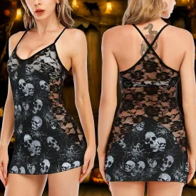 Silver Gothic Skull Spider Women's Black Lace Cami Dress Babydolls Nightgown