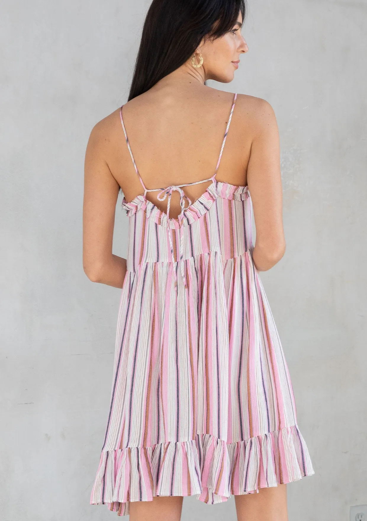 Striped Ruffled Spaghetti Strap Mini Dress