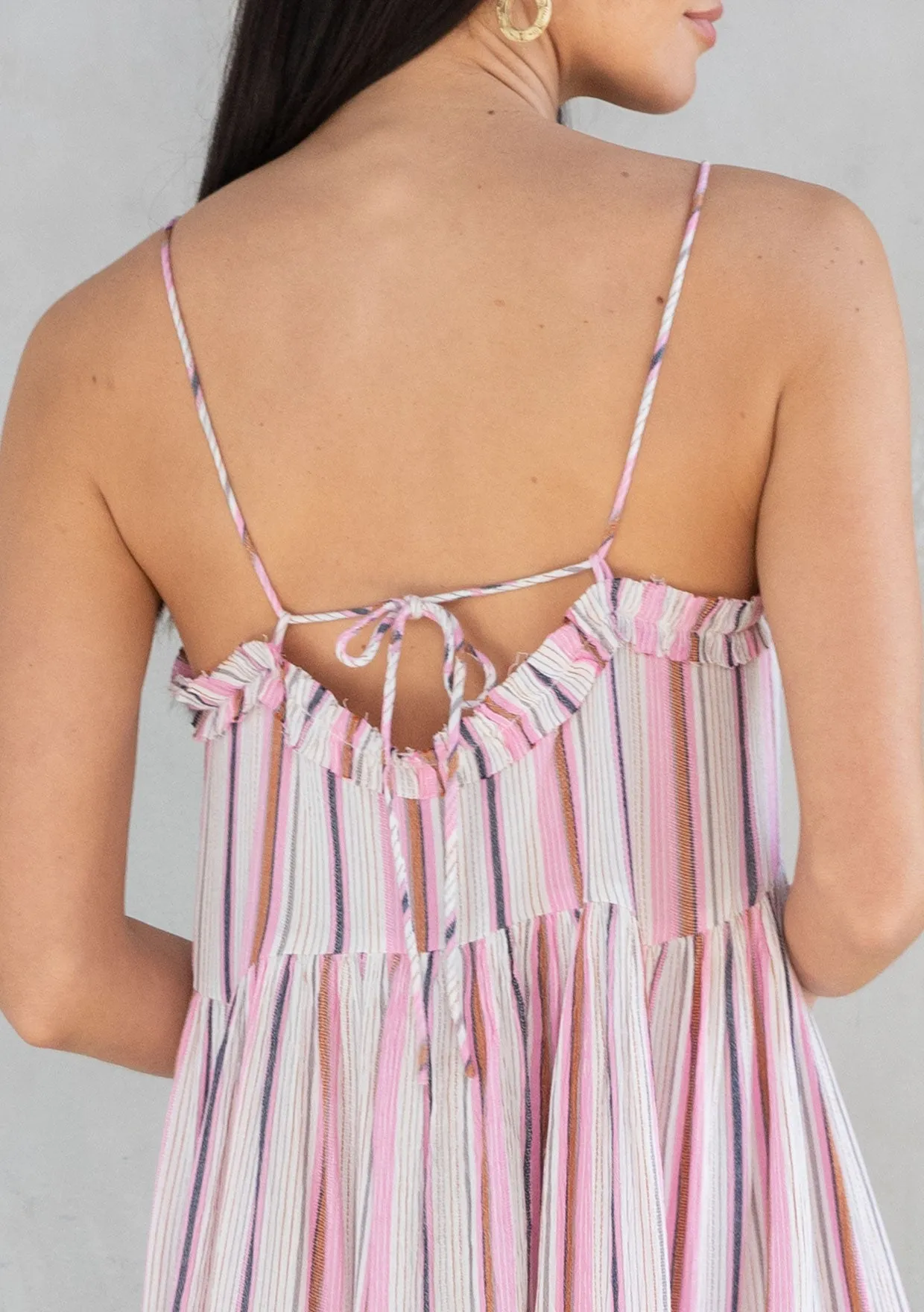 Striped Ruffled Spaghetti Strap Mini Dress