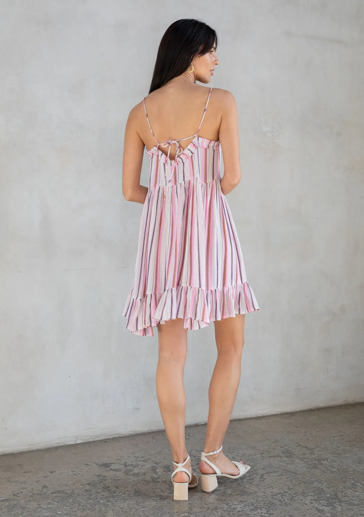 Striped Ruffled Spaghetti Strap Mini Dress