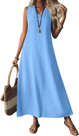 Summer Dresses for Women 2025 Cotton Linen Maxi Dress Casual Sleeveless Solid Long Sundress Vacation Outfits