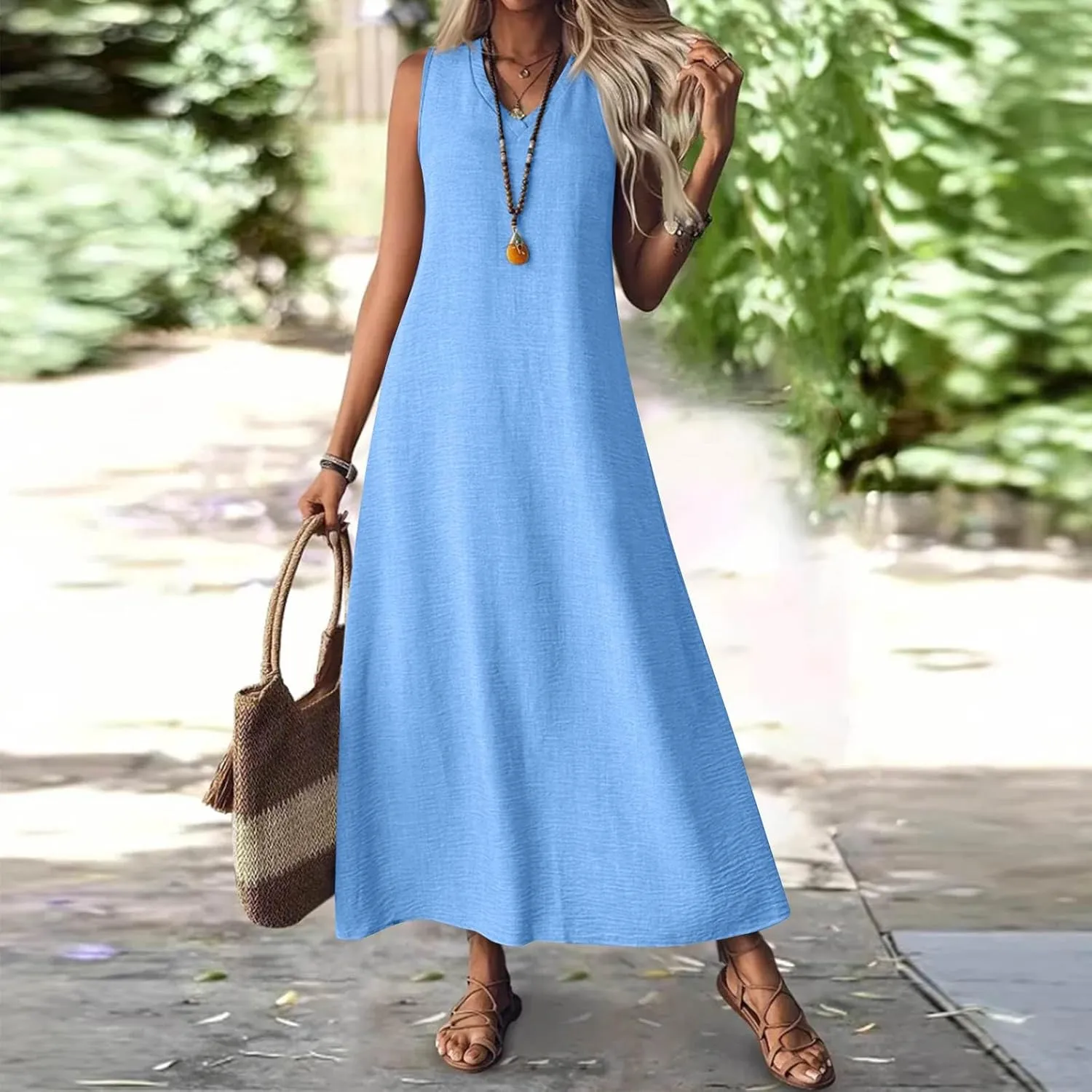 Summer Dresses for Women 2025 Cotton Linen Maxi Dress Casual Sleeveless Solid Long Sundress Vacation Outfits