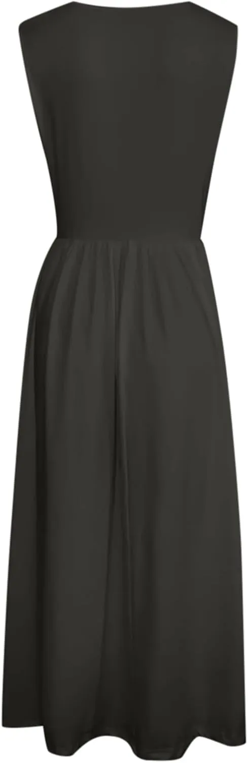 Summer Maxi Dresses for Women 2025 Sleeveless Deep V Neck Long Dresses Loose Plain Maxi Casual Vacation Dress
