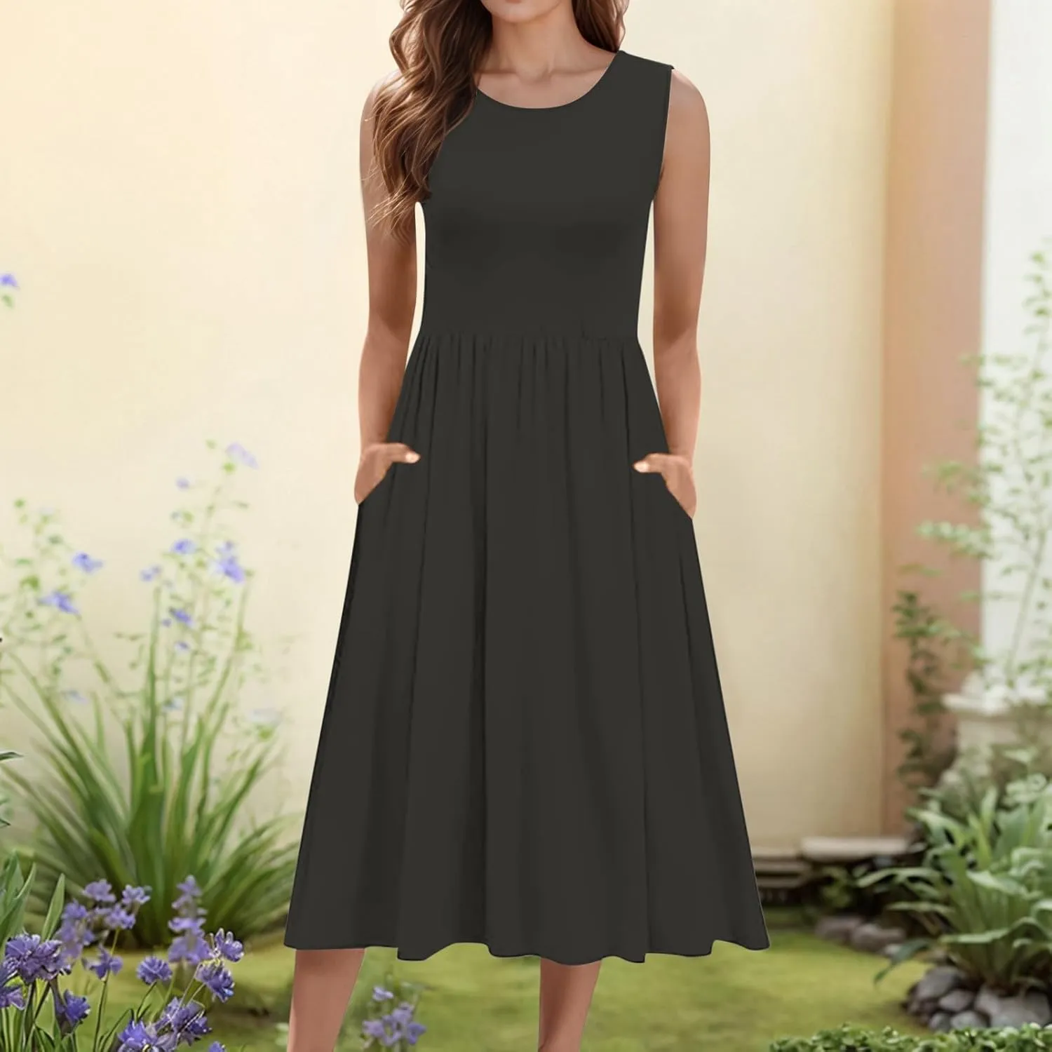 Summer Maxi Dresses for Women 2025 Sleeveless Deep V Neck Long Dresses Loose Plain Maxi Casual Vacation Dress