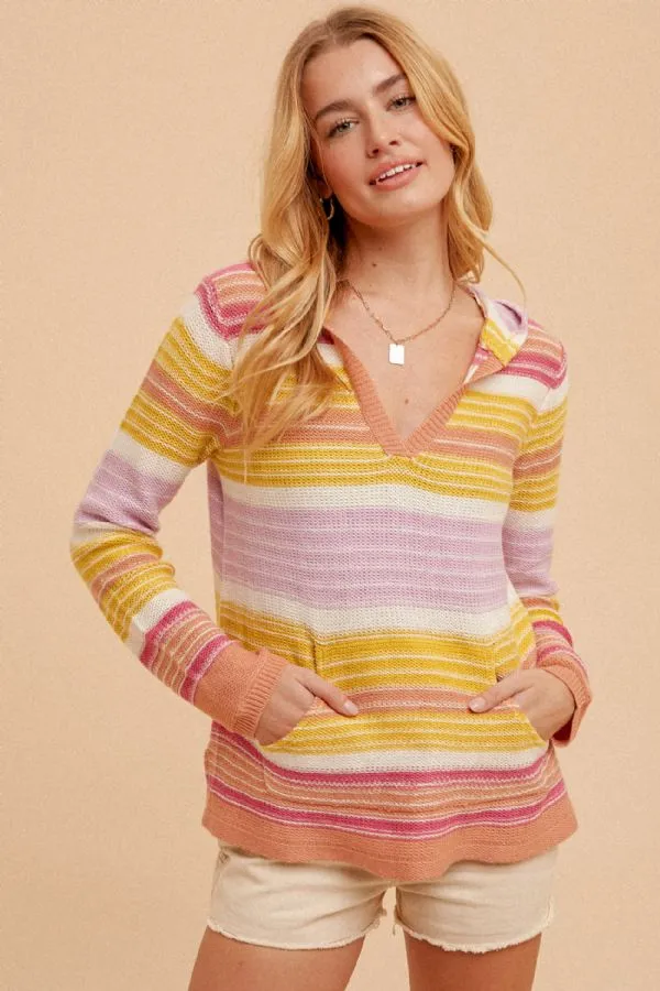 Summer Striped Hoodie Pullover - Berry