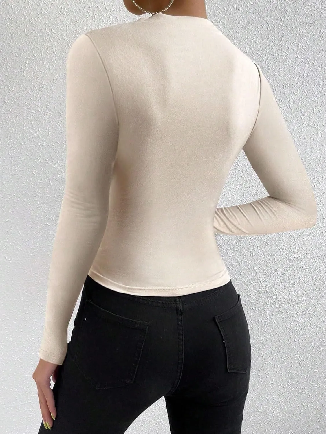 SweatyRocks Women's Ruched Long Sleeve Shirts Mock Neck Fitted T Shirts Basic Tops