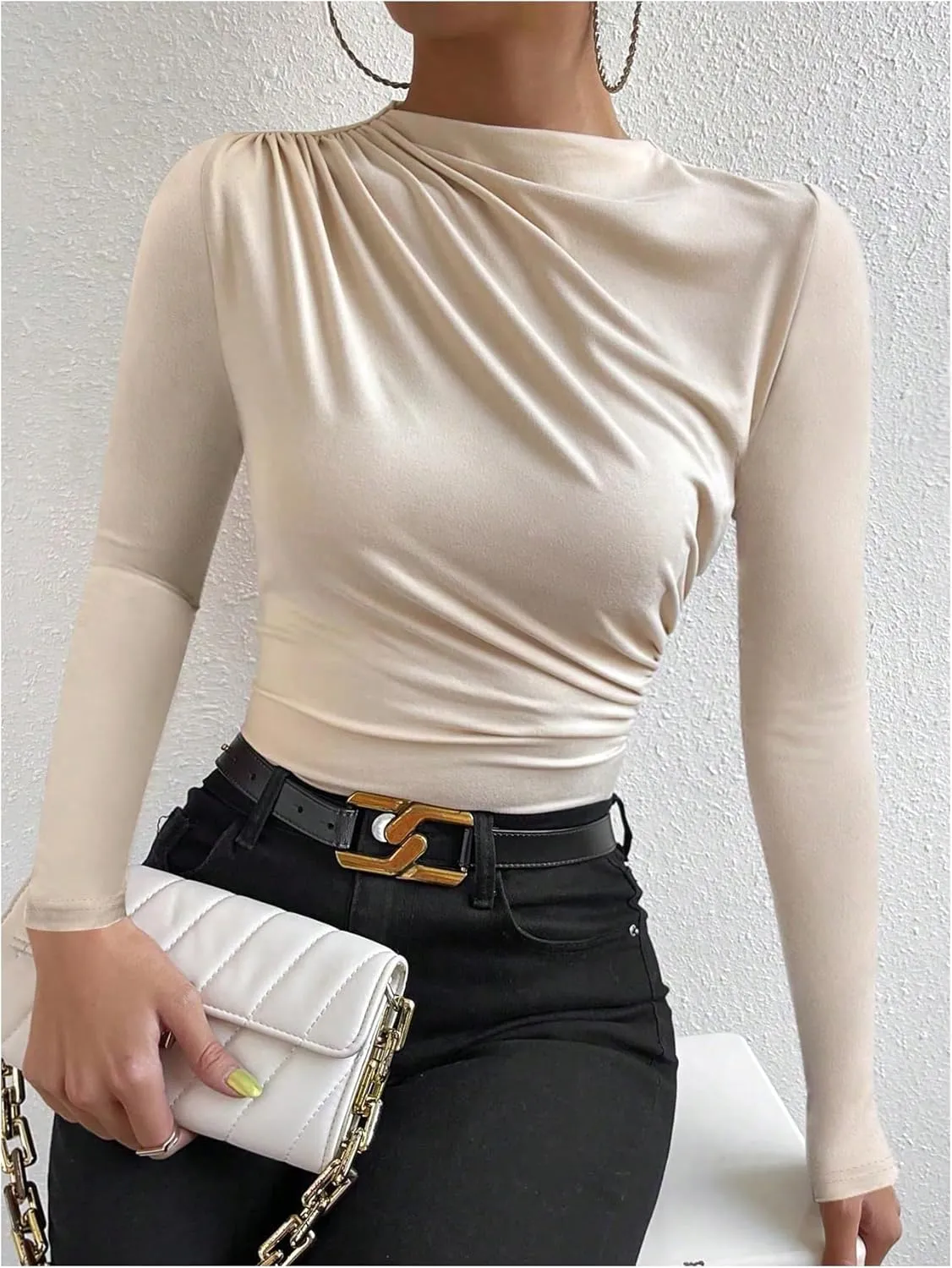 SweatyRocks Women's Ruched Long Sleeve Shirts Mock Neck Fitted T Shirts Basic Tops