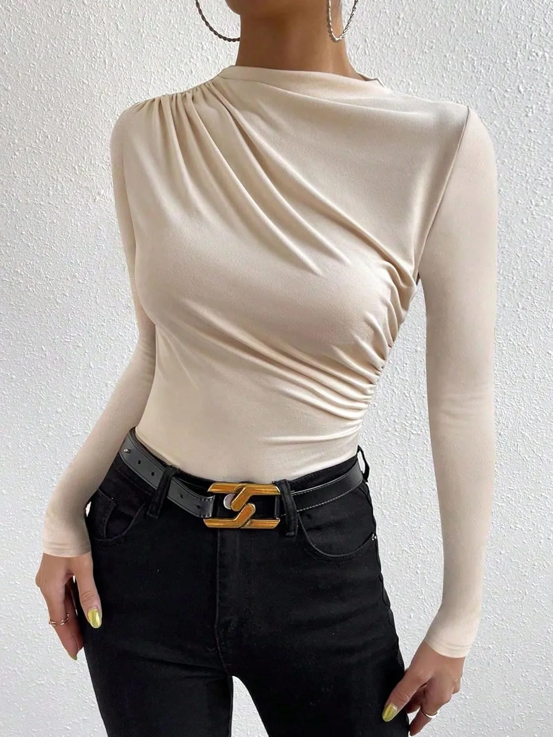 SweatyRocks Women's Ruched Long Sleeve Shirts Mock Neck Fitted T Shirts Basic Tops