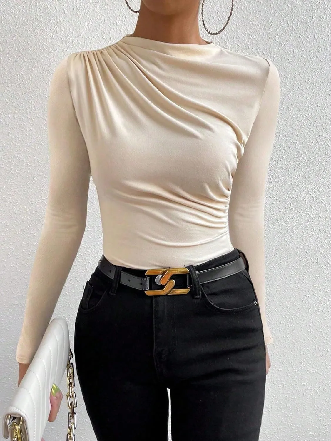 SweatyRocks Women's Ruched Long Sleeve Shirts Mock Neck Fitted T Shirts Basic Tops