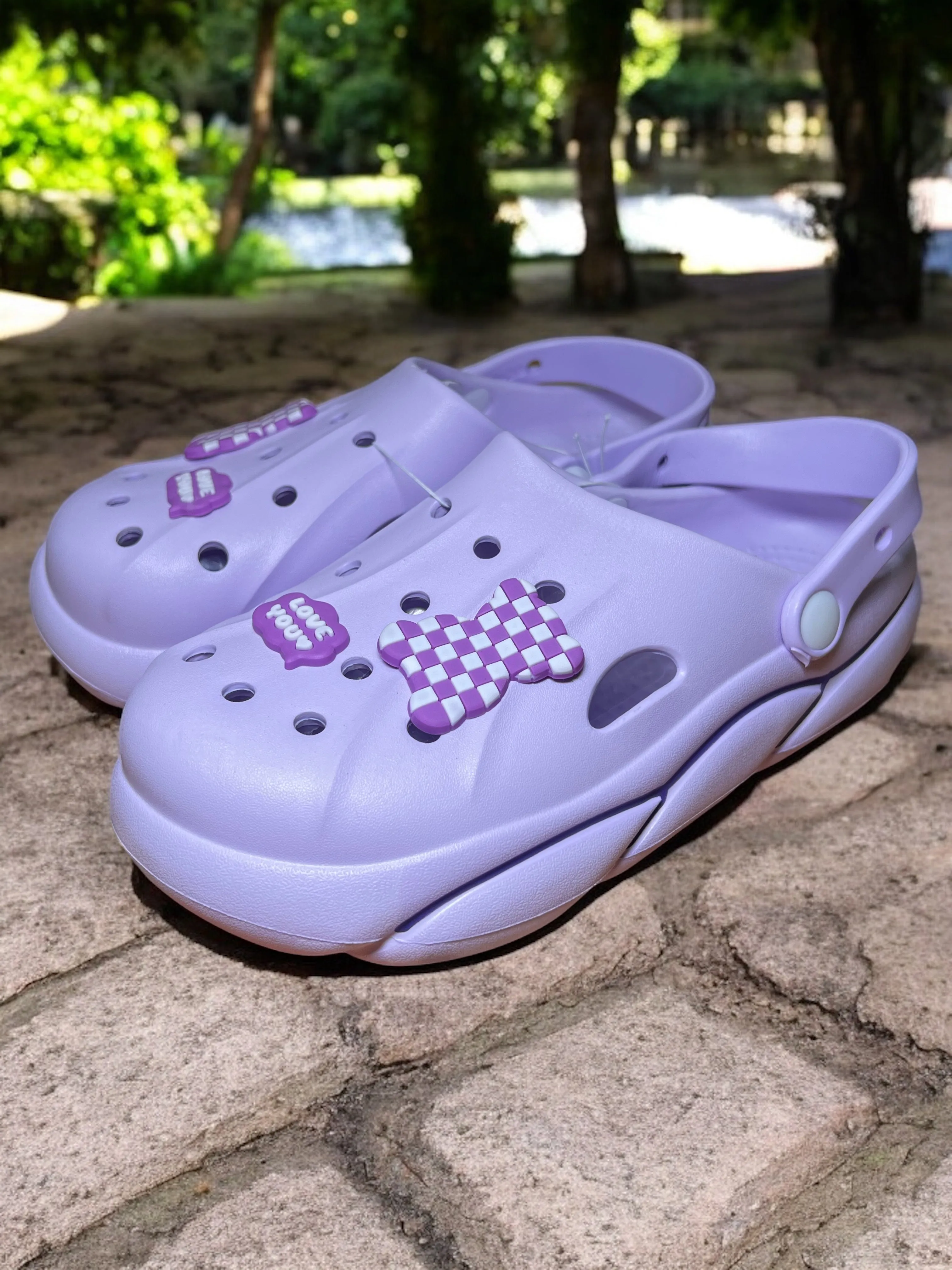 Trendy Slip-On Crocs with Checkerboard Charm and “Love You” Accent