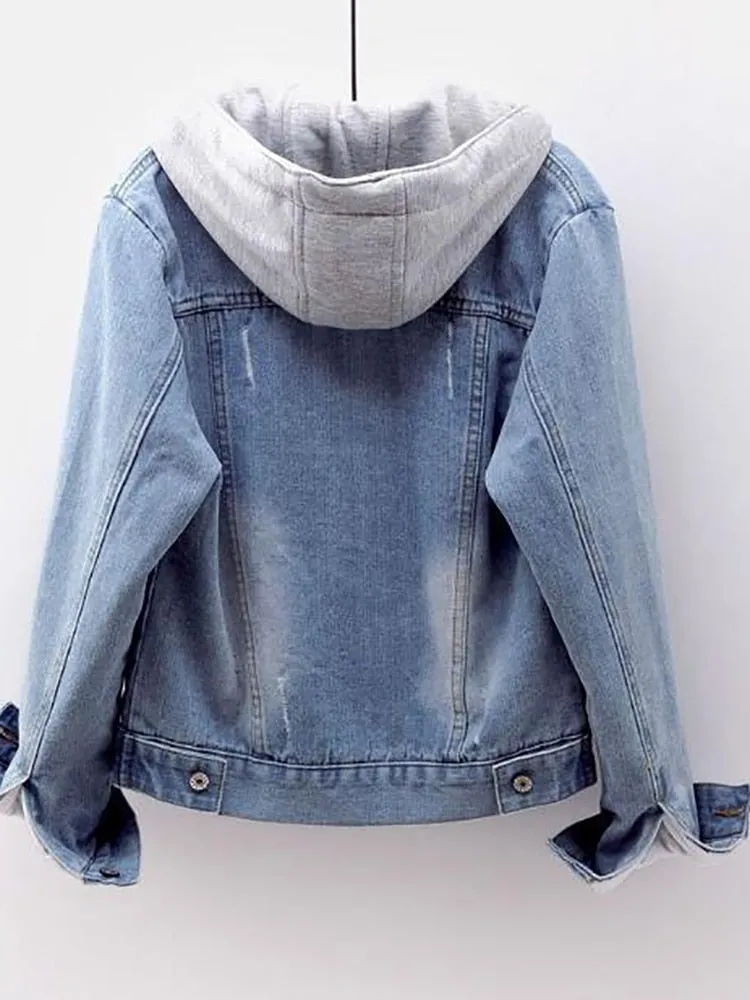 Winter Women Jean Jacket Pockets Button Soft Hooded Warm Outerwear Hooded Fashion Slim Denim Coats Female