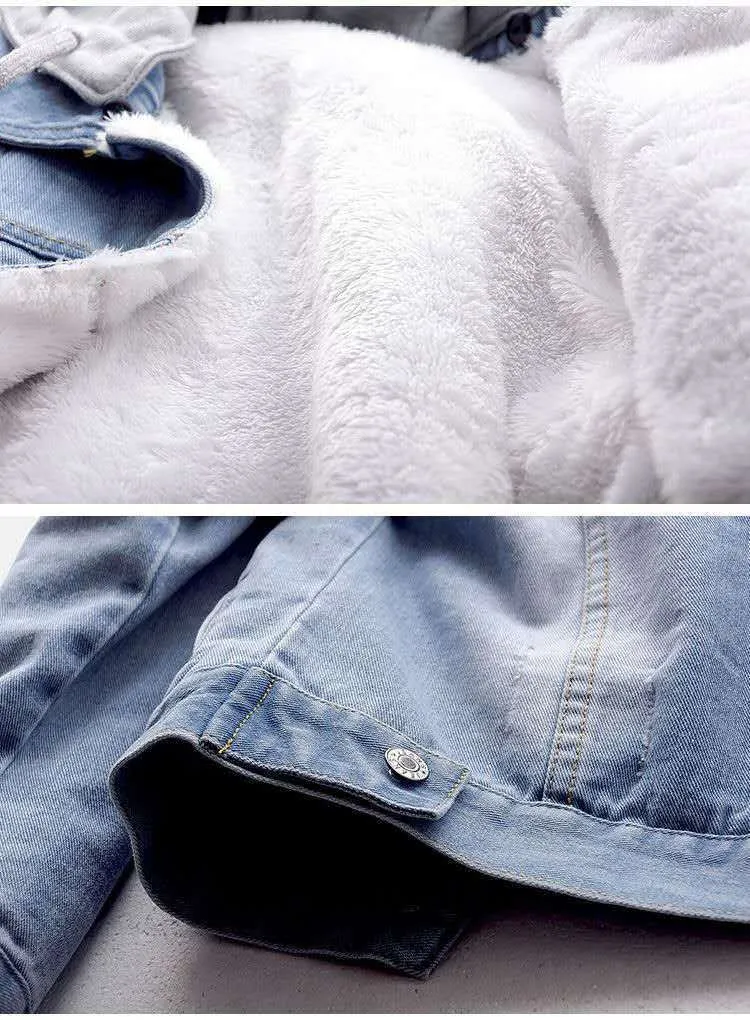 Winter Women Jean Jacket Pockets Button Soft Hooded Warm Outerwear Hooded Fashion Slim Denim Coats Female
