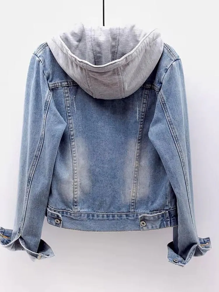 Winter Women Jean Jacket Pockets Button Soft Hooded Warm Outerwear Hooded Fashion Slim Denim Coats Female