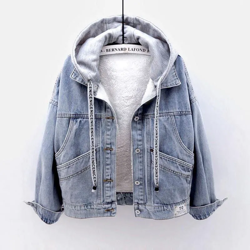 Winter Women Jean Jacket Pockets Button Soft Hooded Warm Outerwear Hooded Fashion Slim Denim Coats Female
